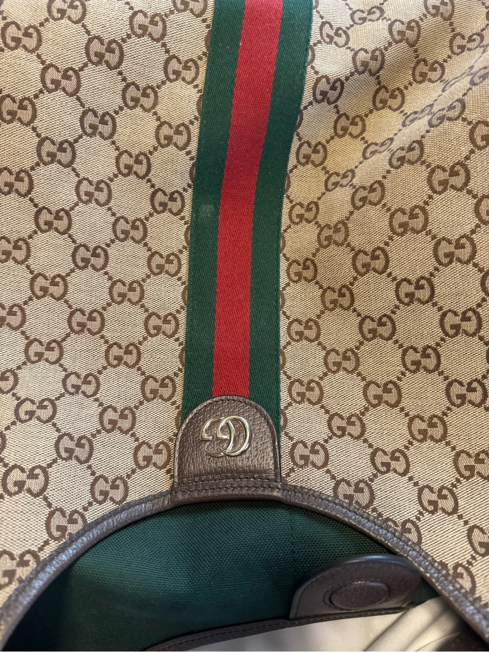 Gucci Beige/Tan GG Canvas Tote with Green and Red Web Giglio Large Tote - Picture 6 of 9